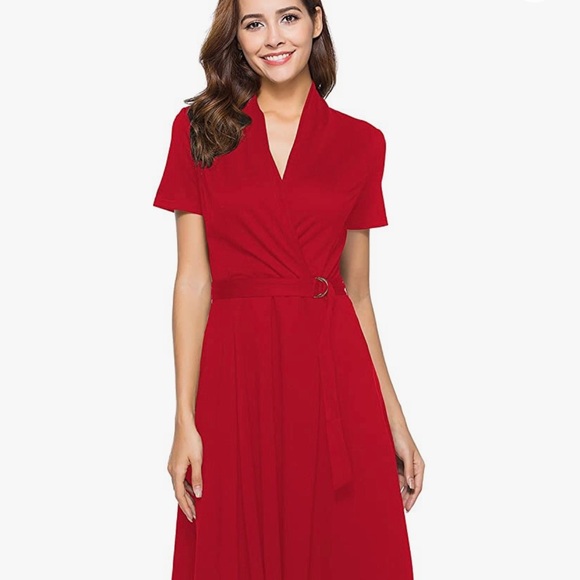 Hot Red V-Neck Short Sleeves Belted Swing Party Dresses with Pockets - Picture 3 of 5